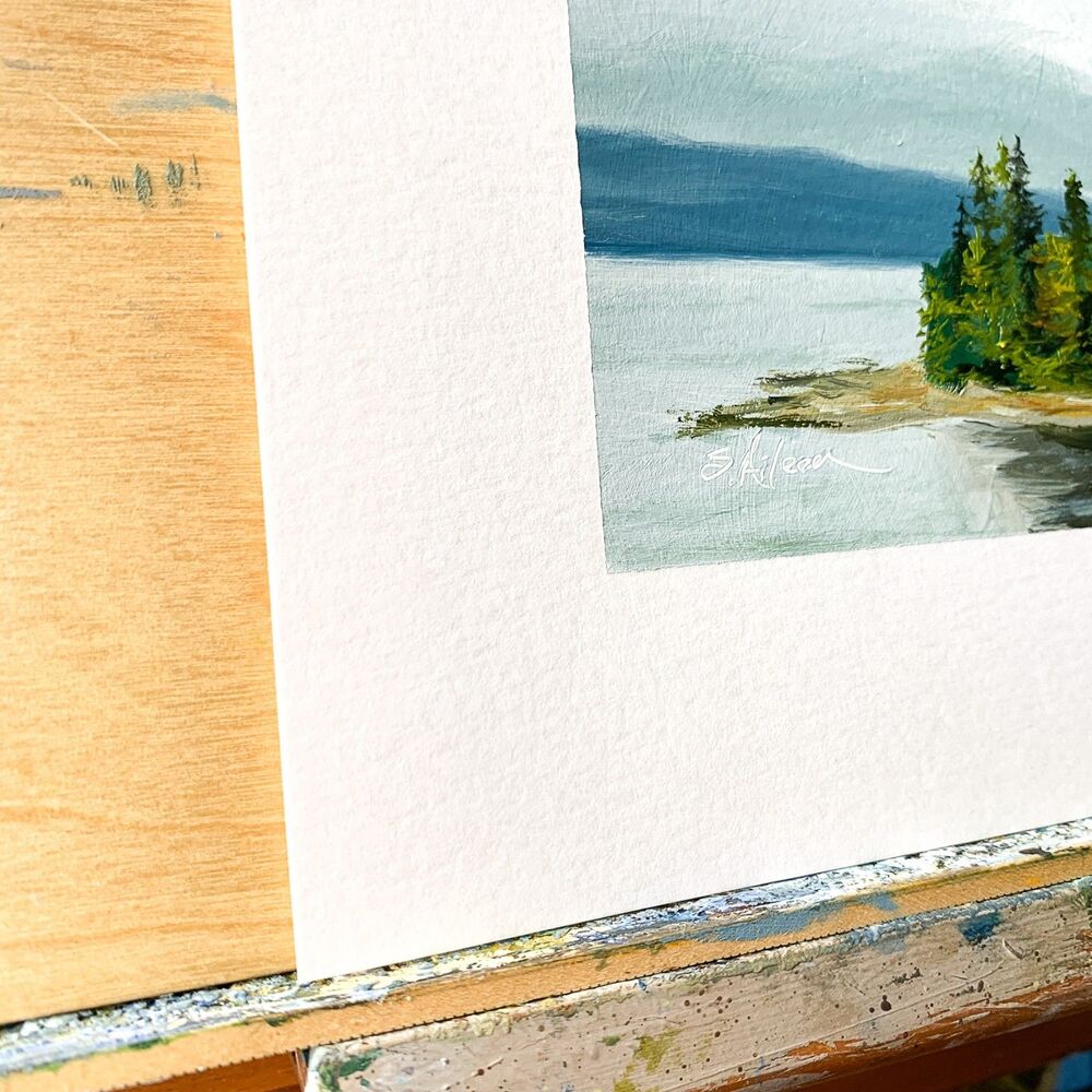 8x8 PNW Original Oil Painting Seascape Pacific Ocean Coastal Pine Trees Signed - Picture 3 of 10